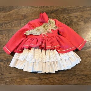 Meriche Alta Costura Couture Red Dress Gold Appliqué Lace Ruffle Skirt Size 3